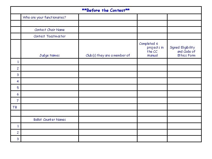 **Before the Contest** Who are your functionaries? Contest Chair Name Contest Toastmaster Completed 6