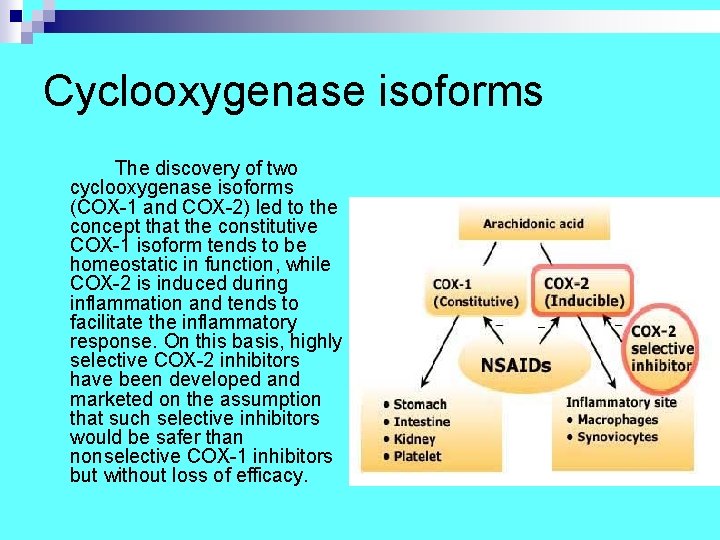 Cyclooxygenase isoforms The discovery of two cyclooxygenase isoforms (COX-1 and COX-2) led to the