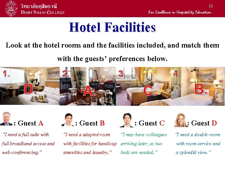 10 Hotel Facilities Look at the hotel rooms and the facilities included, and match