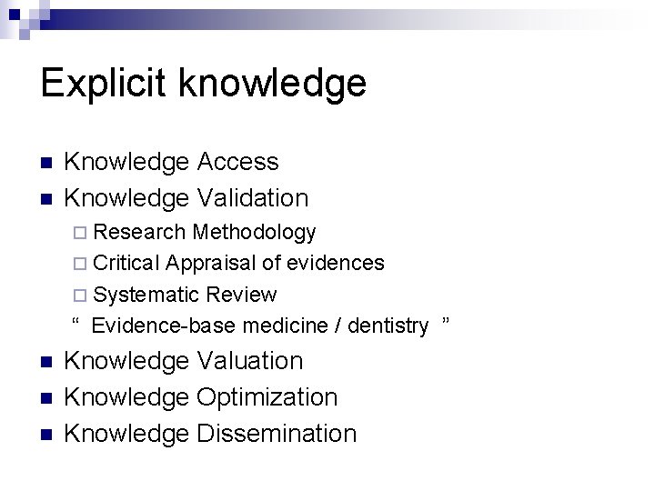 Explicit knowledge n n Knowledge Access Knowledge Validation ¨ Research Methodology ¨ Critical Appraisal