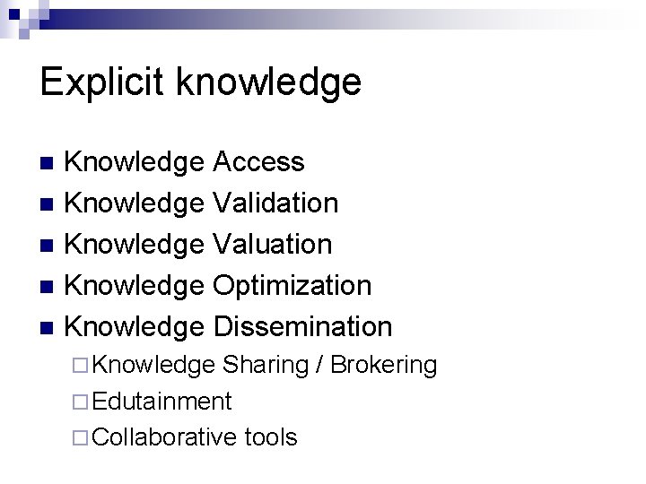 Explicit knowledge Knowledge Access n Knowledge Validation n Knowledge Valuation n Knowledge Optimization n