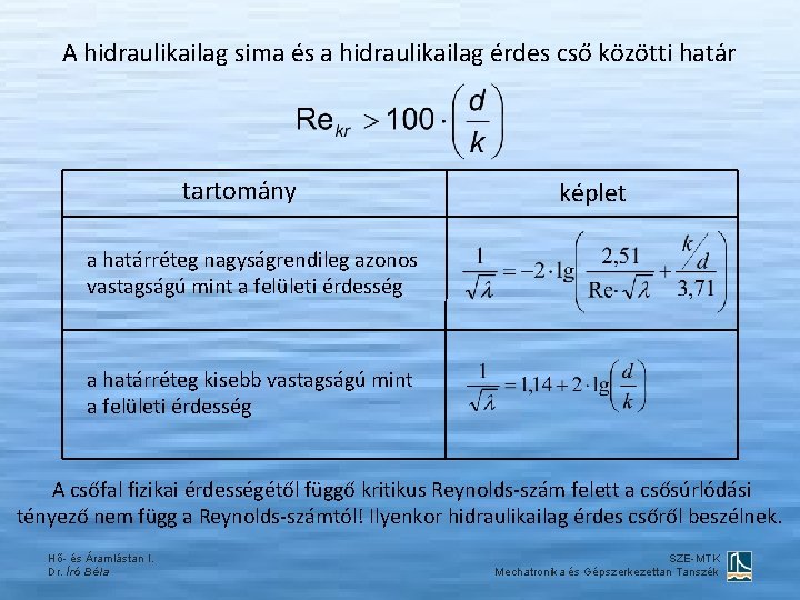 A hidraulikailag sima és a hidraulikailag érdes cső közötti határ tartomány képlet a határréteg