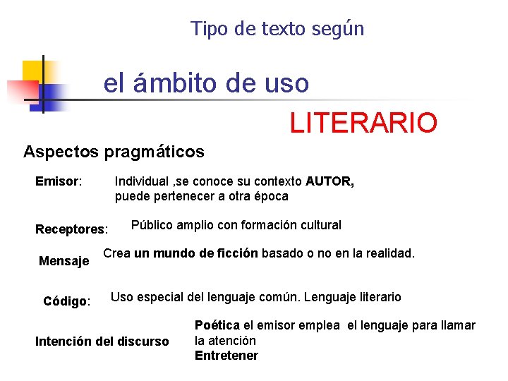 Tipo de texto según el ámbito de uso LITERARIO Aspectos pragmáticos Emisor: Individual ,