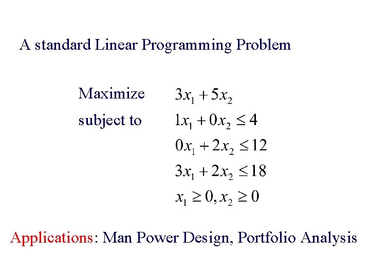 A standard Linear Programming Problem Maximize subject to Applications: Man Power Design, Portfolio Analysis
