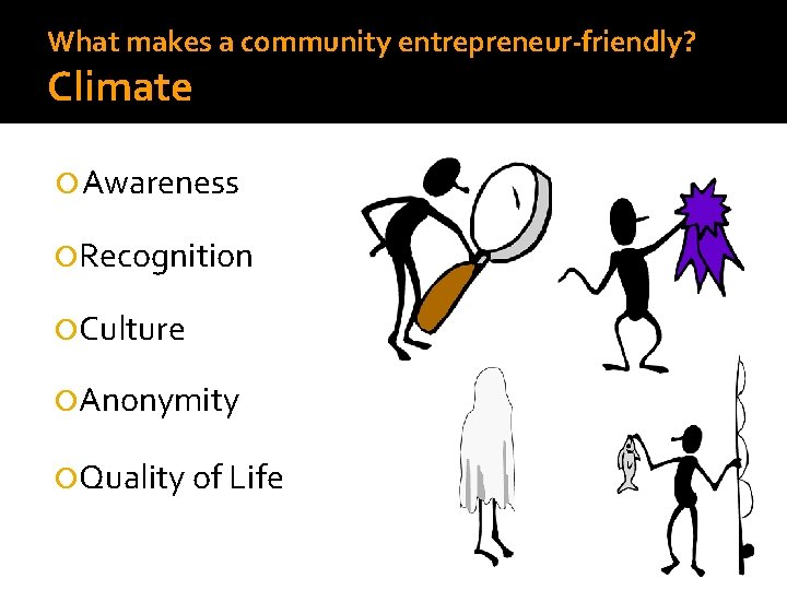 What makes a community entrepreneur-friendly? Climate Awareness Recognition Culture Anonymity Quality of Life 