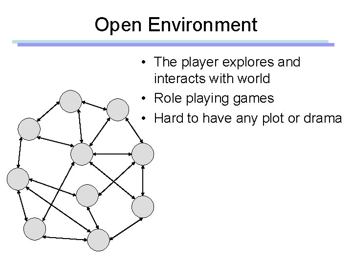 Open Environment • The player explores and interacts with world • Role playing games