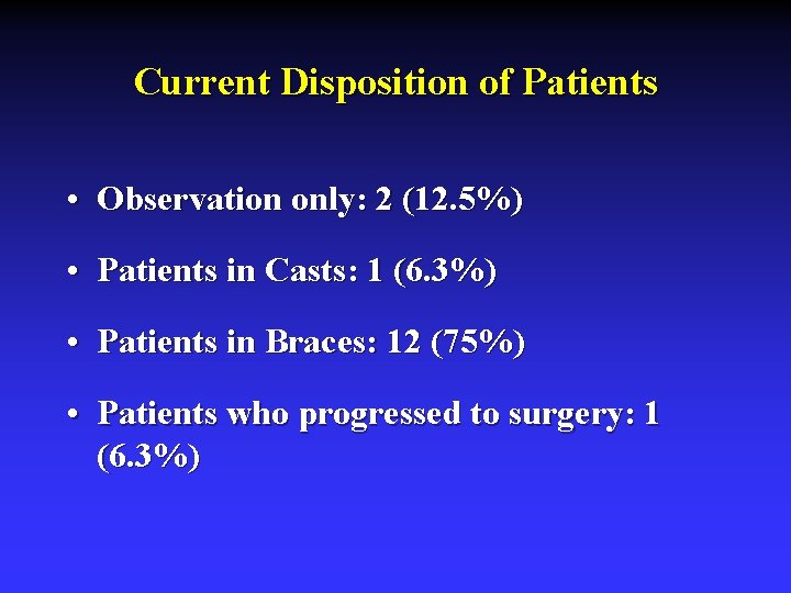 Current Disposition of Patients • Observation only: 2 (12. 5%) • Patients in Casts: