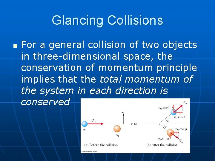 Glancing Collisions n For a general collision of two objects in three-dimensional space, the