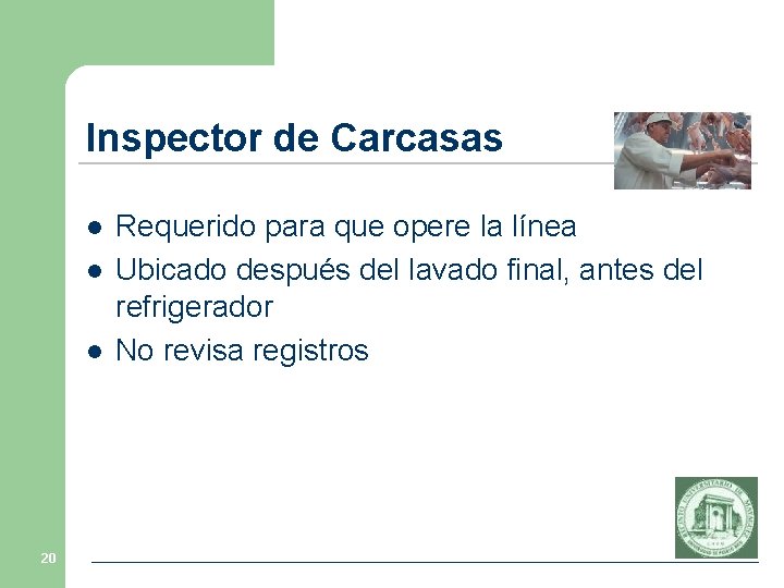 Inspector de Carcasas l l l 20 Requerido para que opere la línea Ubicado Inspector de Carcasas l l l 20 Requerido para que opere la línea Ubicado