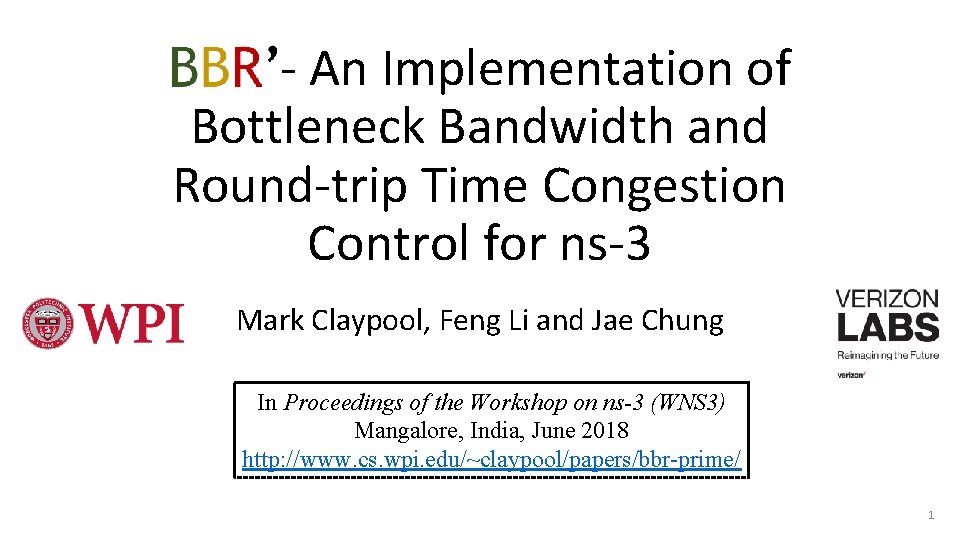 BBR' - An Implementation of Bottleneck Bandwidth and Round-trip Time Congestion Control for ns-3