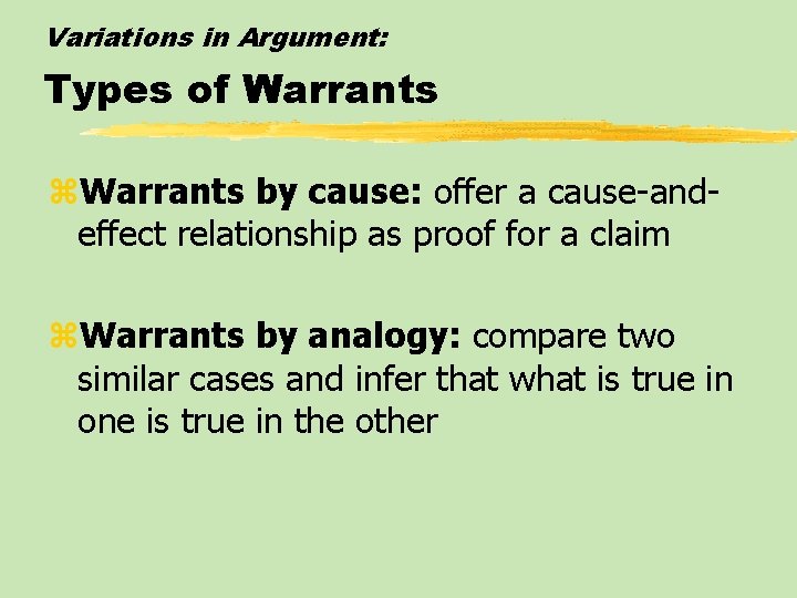 Variations in Argument: Types of Warrants z. Warrants by cause: offer a cause-andeffect relationship Variations in Argument: Types of Warrants z. Warrants by cause: offer a cause-andeffect relationship
