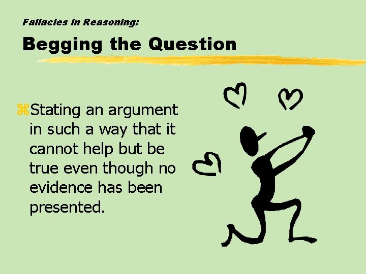 Fallacies in Reasoning: Begging the Question z. Stating an argument in such a way Fallacies in Reasoning: Begging the Question z. Stating an argument in such a way