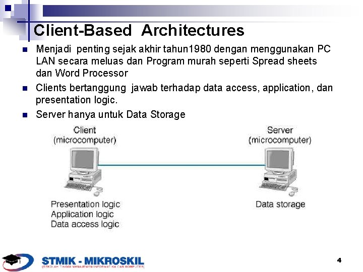 Client-Based Architectures n n n Menjadi penting sejak akhir tahun 1980 dengan menggunakan PC