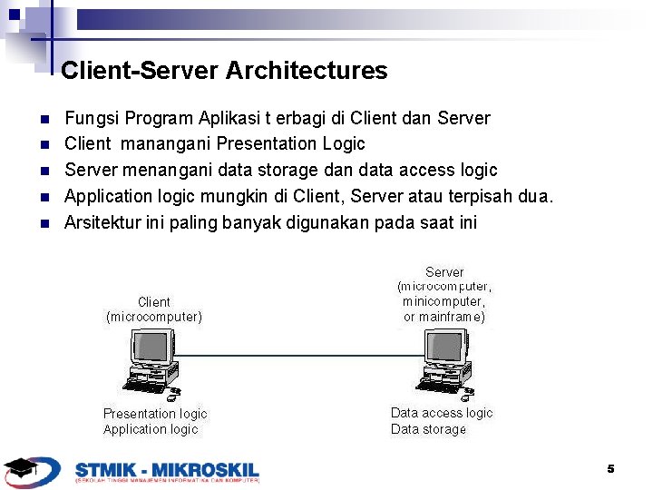 Client-Server Architectures n n n Fungsi Program Aplikasi t erbagi di Client dan Server