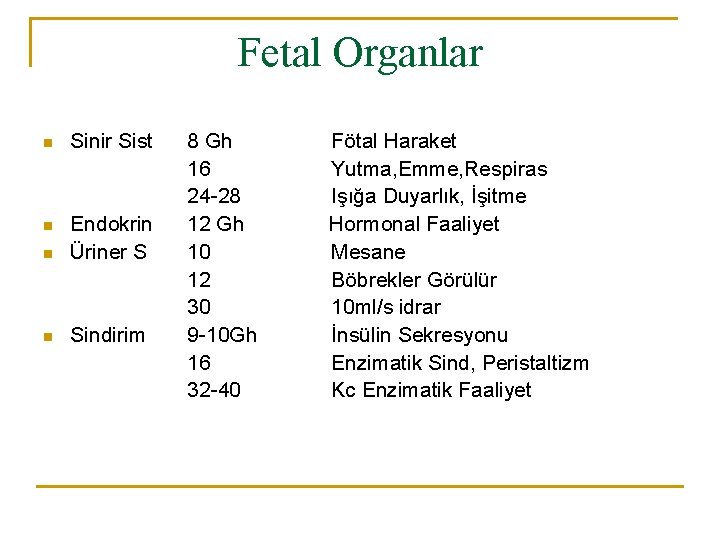 Fetal Organlar n Sinir Sist n n Endokrin Üriner S n Sindirim 8 Gh