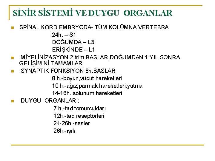 SİNİR SİSTEMİ VE DUYGU ORGANLAR n n SPİNAL KORD EMBRYODA- TÜM KOLÜMNA VERTEBRA 24