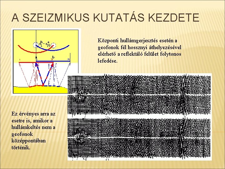 A SZEIZMIKUS KUTATÁS KEZDETE Központi hullámgerjesztés esetén a geofonok fél hossznyi áthelyezésével elérhető a