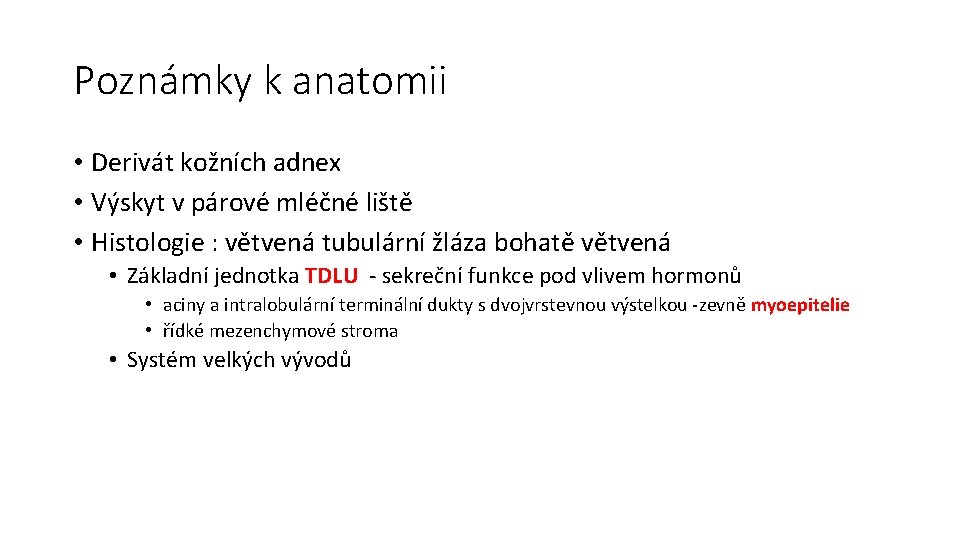 Poznámky k anatomii • Derivát kožních adnex • Výskyt v párové mléčné liště •