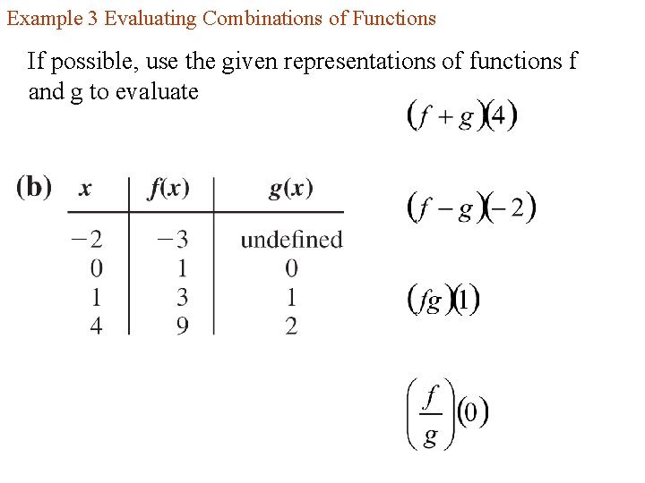 Example 3 Evaluating Combinations of Functions If possible, use the given representations of functions