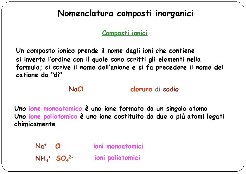 Nomenclatura composti inorganici Composti ionici Un composto ionico prende il nome dagli ioni che