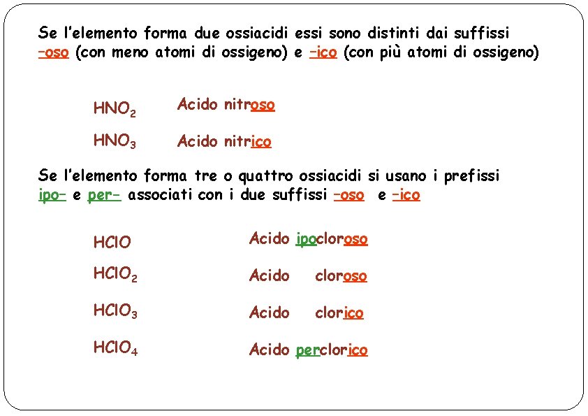 Se l’elemento forma due ossiacidi essi sono distinti dai suffissi –oso (con meno atomi