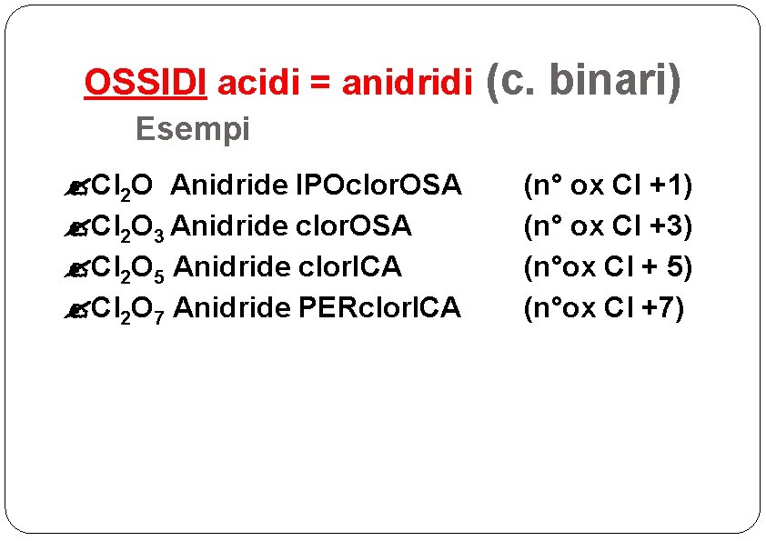 OSSIDI acidi = anidridi (c. binari) Esempi Cl 2 O Anidride IPOclor. OSA Cl