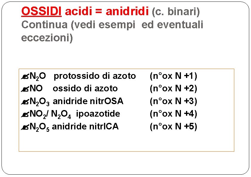 OSSIDI acidi = anidridi (c. binari) Continua (vedi esempi ed eventuali eccezioni) N 2