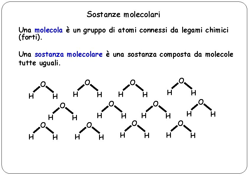 Sostanze molecolari Una molecola è un gruppo di atomi connessi da legami chimici (forti).