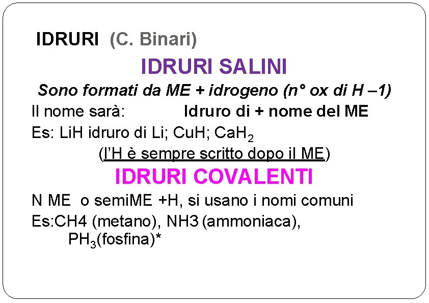IDRURI (C. Binari) IDRURI SALINI Sono formati da ME + idrogeno (n° ox di