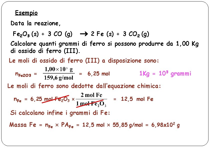Esempio Data la reazione, Fe 2 O 3 (s) + 3 CO (g) 2