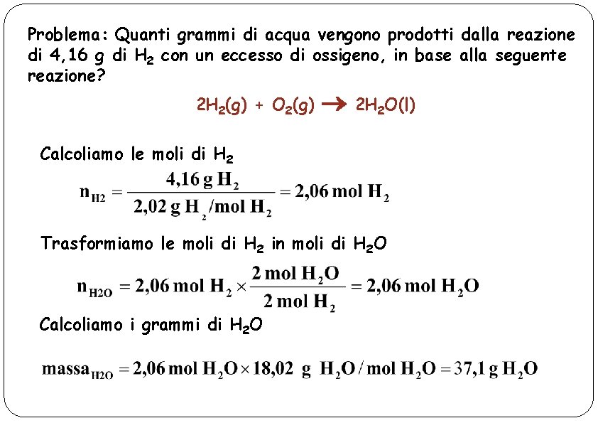 Problema: Quanti grammi di acqua vengono prodotti dalla reazione di 4, 16 g di