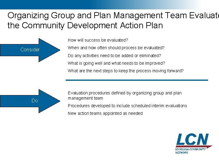 18 Organizing Group and Plan Management Team Evaluate the Community Development Action Plan How 18 Organizing Group and Plan Management Team Evaluate the Community Development Action Plan How