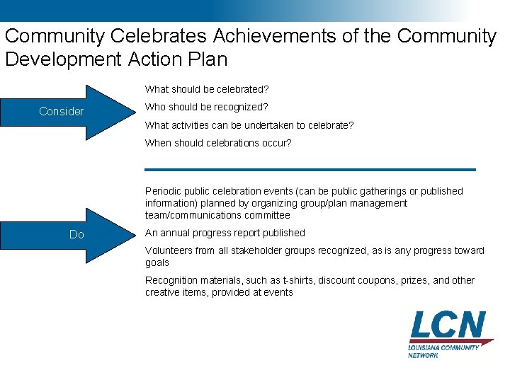 19 Community Celebrates Achievements of the Community Development Action Plan What should be celebrated? 19 Community Celebrates Achievements of the Community Development Action Plan What should be celebrated?