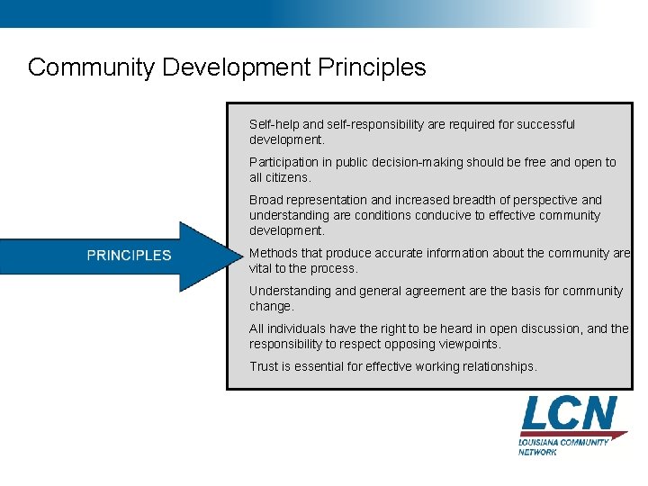 9 Community Development Principles Self-help and self-responsibility are required for successful development. Participation in 9 Community Development Principles Self-help and self-responsibility are required for successful development. Participation in