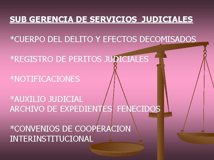 SUB GERENCIA DE SERVICIOS JUDICIALES *CUERPO DELITO Y EFECTOS DECOMISADOS *REGISTRO DE PERITOS JUDICIALES