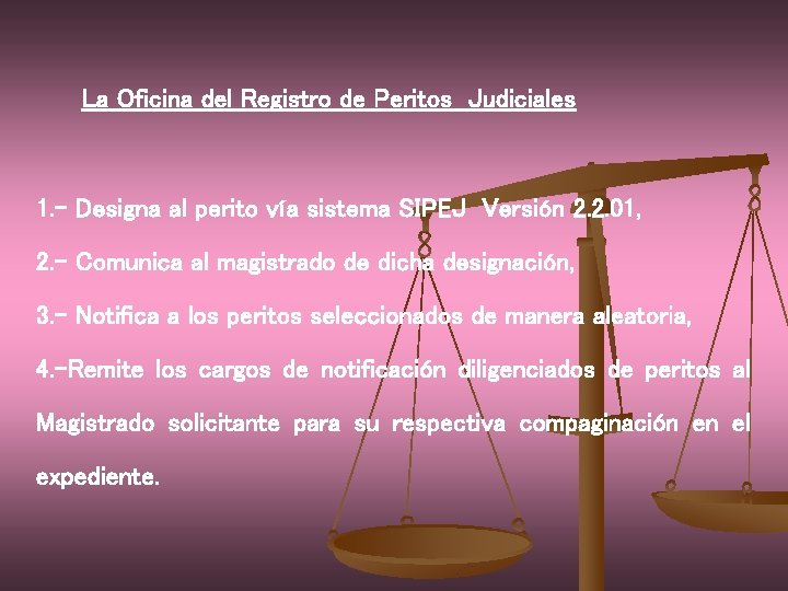 La Oficina del Registro de Peritos Judiciales 1. - Designa al perito vía sistema