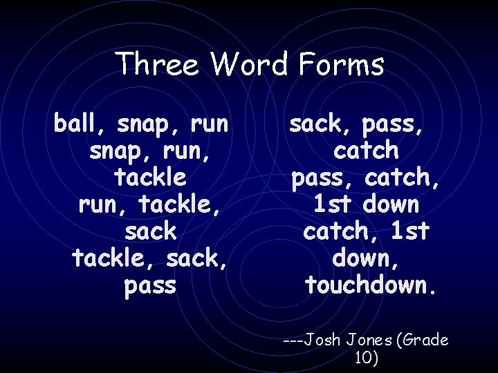Three Word Forms ball, snap, run, tackle, sack, pass, catch, 1 st down, touchdown.