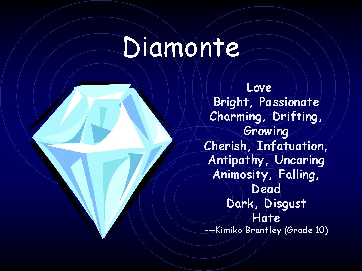 Diamonte Love Bright, Passionate Charming, Drifting, Growing Cherish, Infatuation, Antipathy, Uncaring Animosity, Falling, Dead