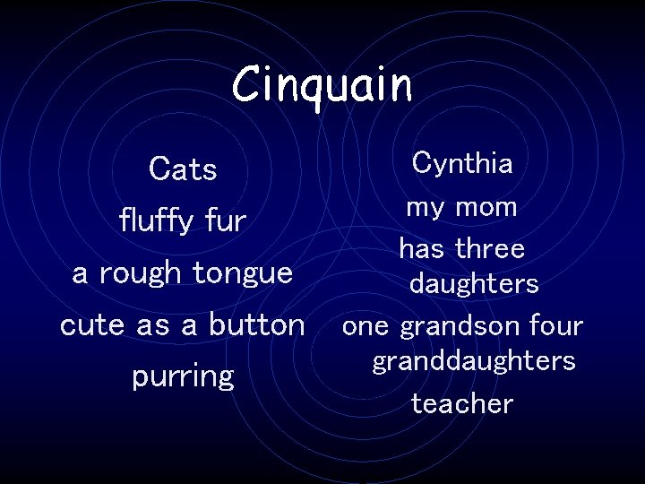 Cinquain Cynthia Cats my mom fluffy fur has three a rough tongue daughters cute