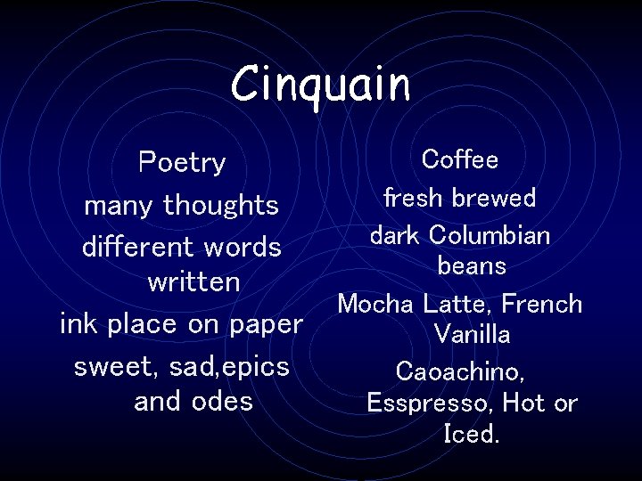 Cinquain Poetry many thoughts different words written ink place on paper sweet, sad, epics