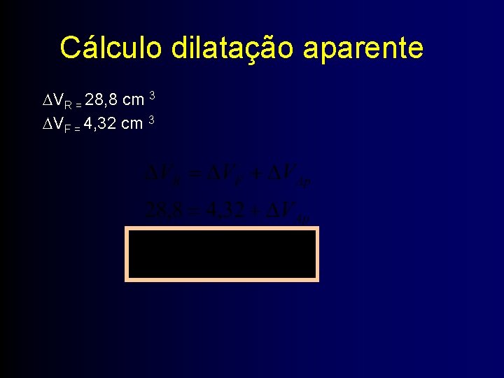 Cálculo dilatação aparente VR = 28, 8 cm 3 VF = 4, 32 cm