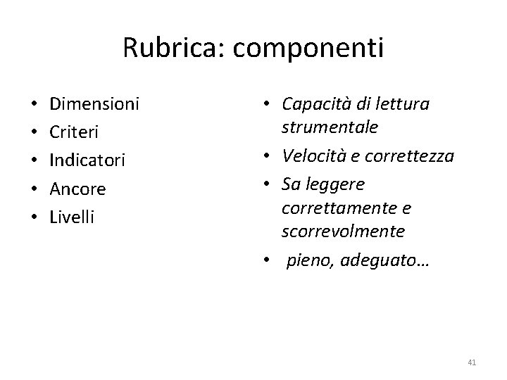 Rubrica: componenti • • • Dimensioni Criteri Indicatori Ancore Livelli • Capacità di lettura Rubrica: componenti • • • Dimensioni Criteri Indicatori Ancore Livelli • Capacità di lettura