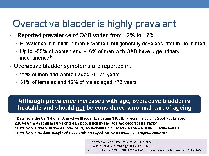 Overactive bladder is highly prevalent • Reported prevalence of OAB varies from 12% to