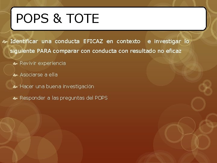 POPS & TOTE Identificar una conducta EFICAZ en contexto e investigar lo siguiente PARA