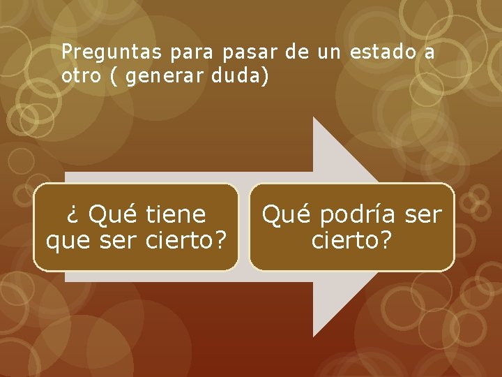 Preguntas para pasar de un estado a otro ( generar duda) ¿ Qué tiene