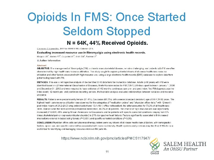 Opioids In FMS: Once Started Seldom Stopped N = 64 K, 44% Received Opioids.