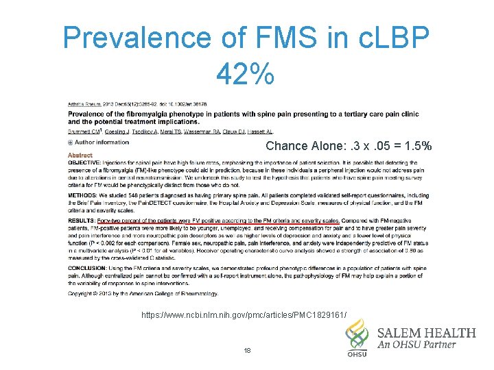 Prevalence of FMS in c. LBP 42% Chance Alone: . 3 x. 05 =