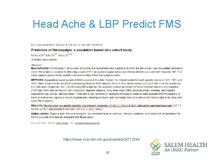 Head Ache & LBP Predict FMS https: //www. ncbi. nlm. nih. gov/pubmed/26772544 20 