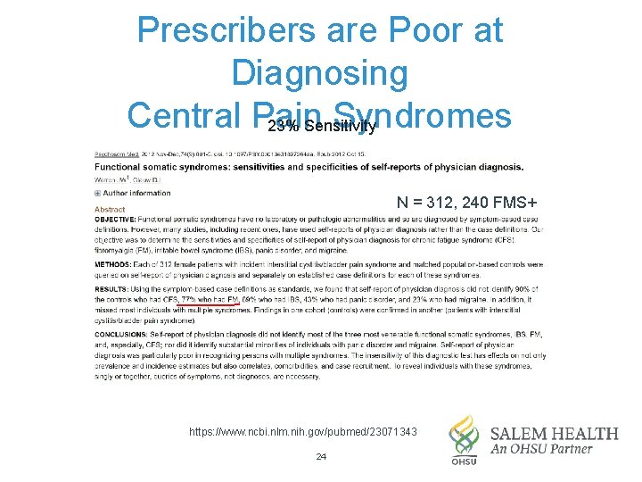 Prescribers are Poor at Diagnosing Central Pain Syndromes 23% Sensitivity N = 312, 240