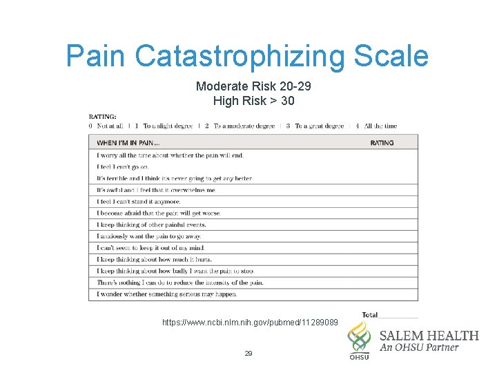 Pain Catastrophizing Scale Moderate Risk 20 -29 High Risk > 30 https: //www. ncbi.